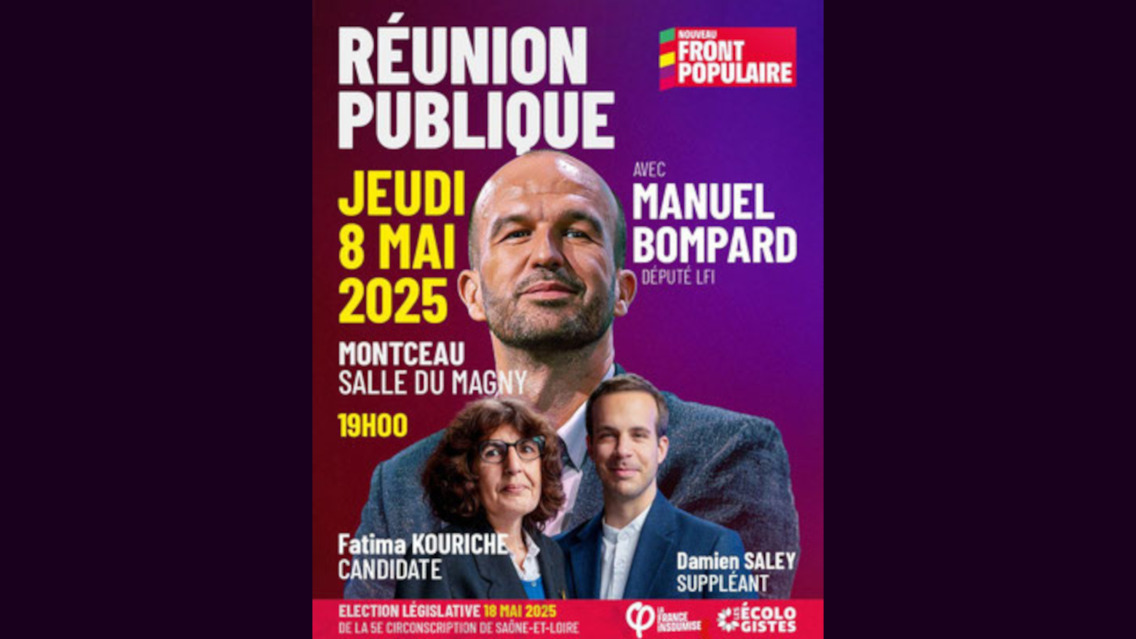affiche réunion publique avec Manuel Bompard 8 mai 2025