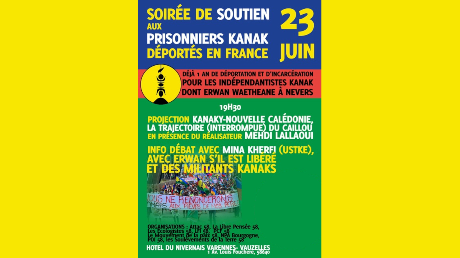 Affiche de la soirée de soutien aux prisonniers kanaks à Varennes Vauzelles le 23 juin 2025
